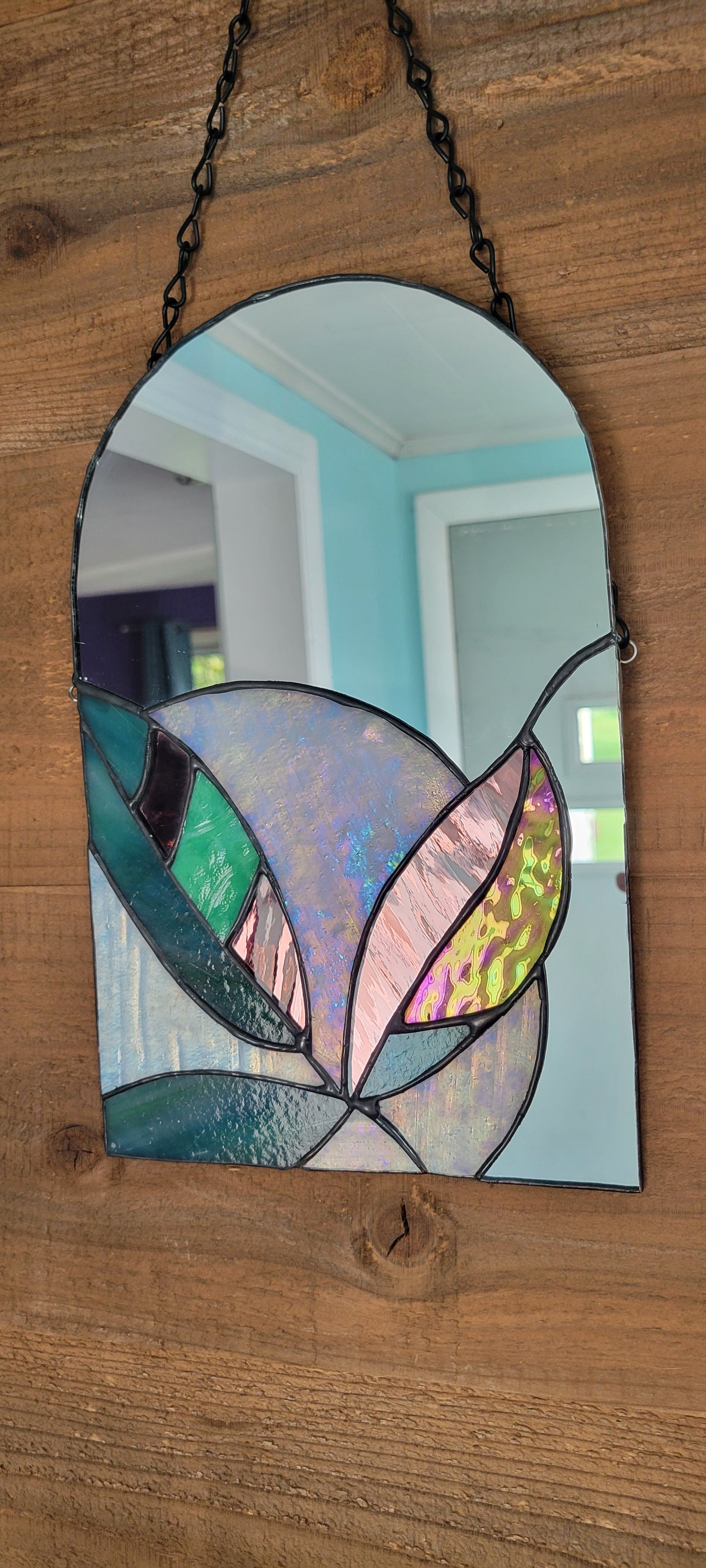 Stained glass mirror with moon and plants